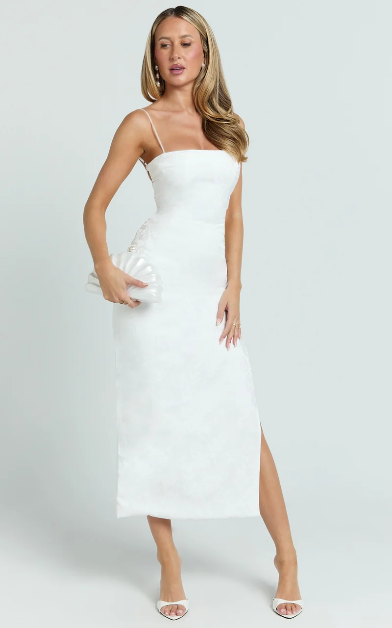 Indiana Midi Dress - Jacquard Square Neck Lace Back Fitted Dress in White