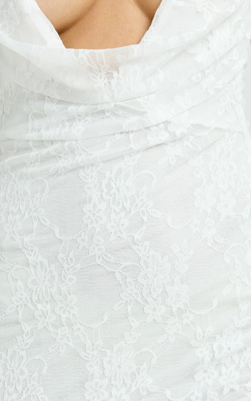 Palmer Mini Dress - Plunge Cowl Neck Backless Lace Dress in Ivory
