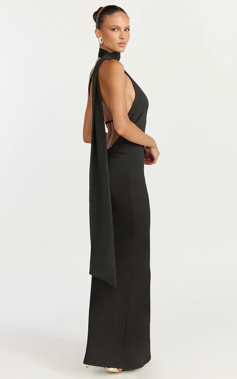 Seraphine Maxi Dress - Halter Neck Low Back Fit And Flare Dress in Black