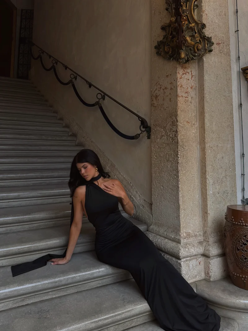 Seraphine Maxi Dress - Halter Neck Low Back Fit And Flare Dress in Black