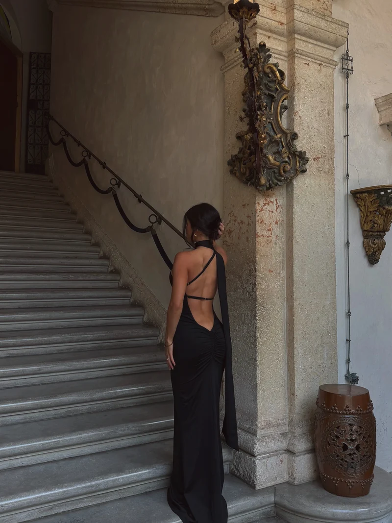 Seraphine Maxi Dress - Halter Neck Low Back Fit And Flare Dress in Black