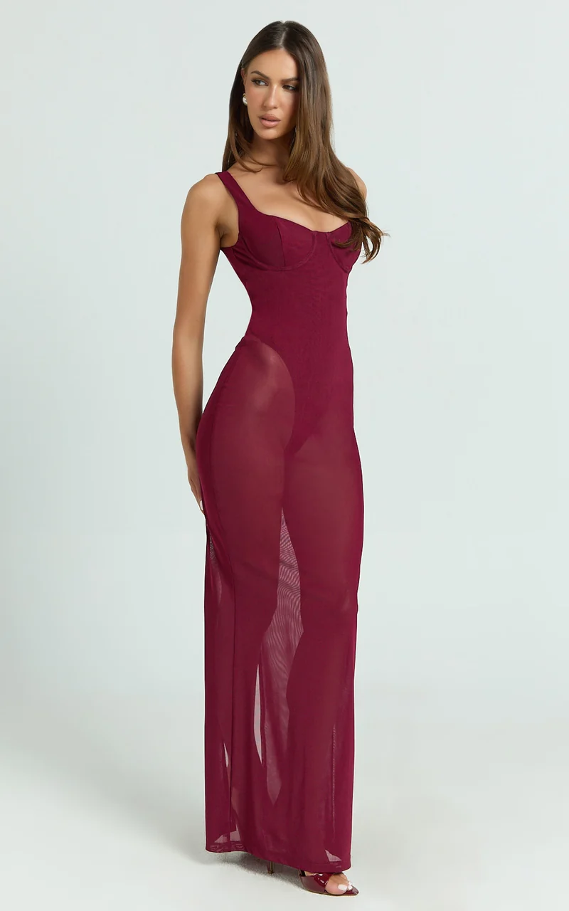 Laney Maxi Dress - Mesh Sweetheart Neck Bodycon Dress in Wine