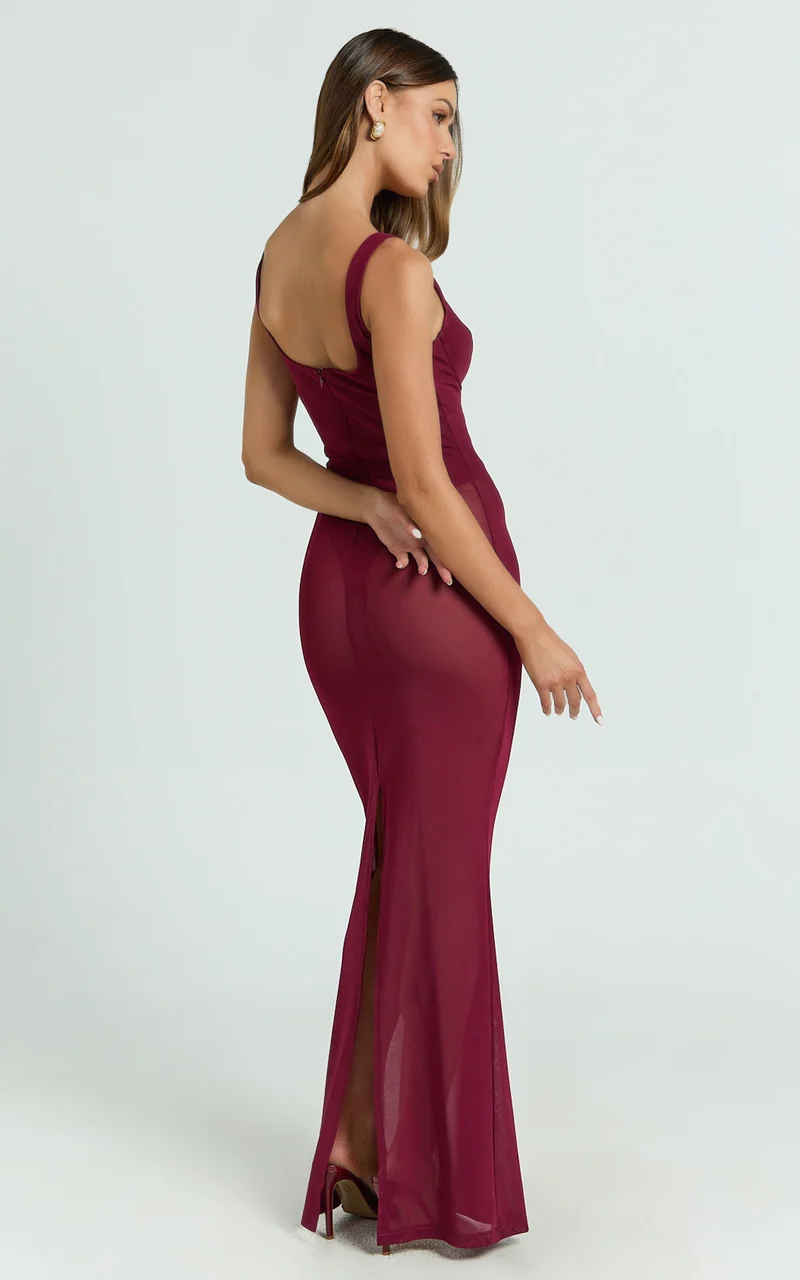 Laney Maxi Dress - Mesh Sweetheart Neck Bodycon Dress in Wine