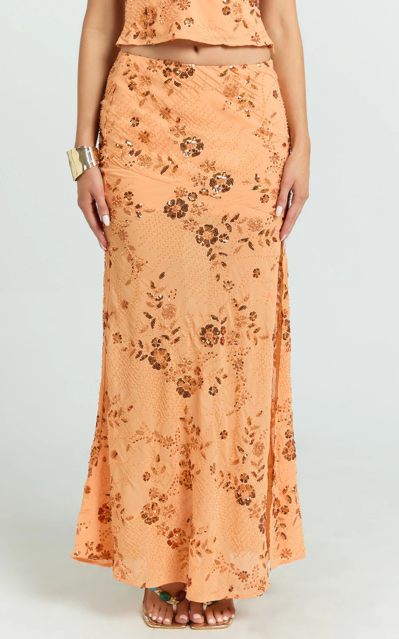 Rowena Maxi Skirt - Low Waisted Beaded Sequin Skirt in Orange