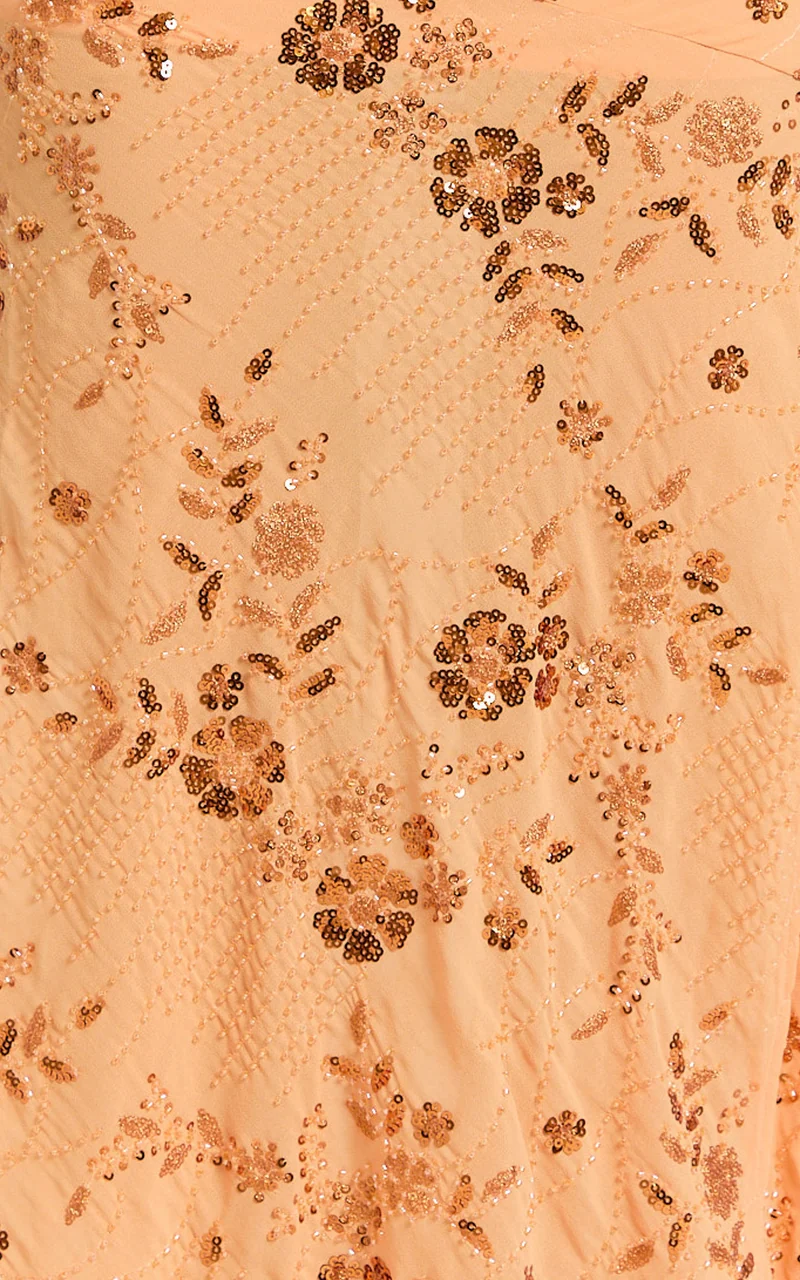 Rowena Maxi Skirt - Low Waisted Beaded Sequin Skirt in Orange