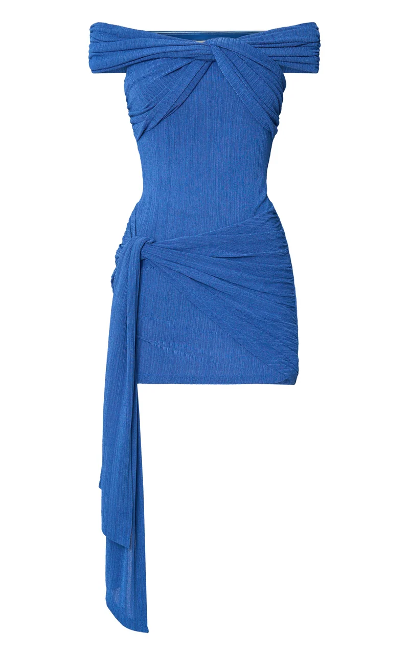 Raphaelle Mini Dress - Twisted One Shoulder Tie Front Ruched Skirt Jersey Dress in Blue