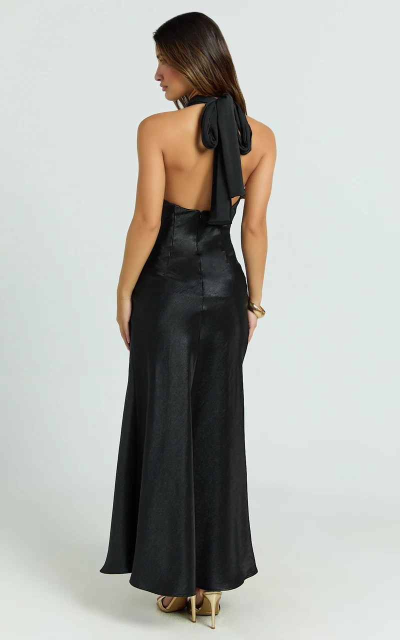 Kali Maxi Dress - High Halter Circle Skirt Dress in Black