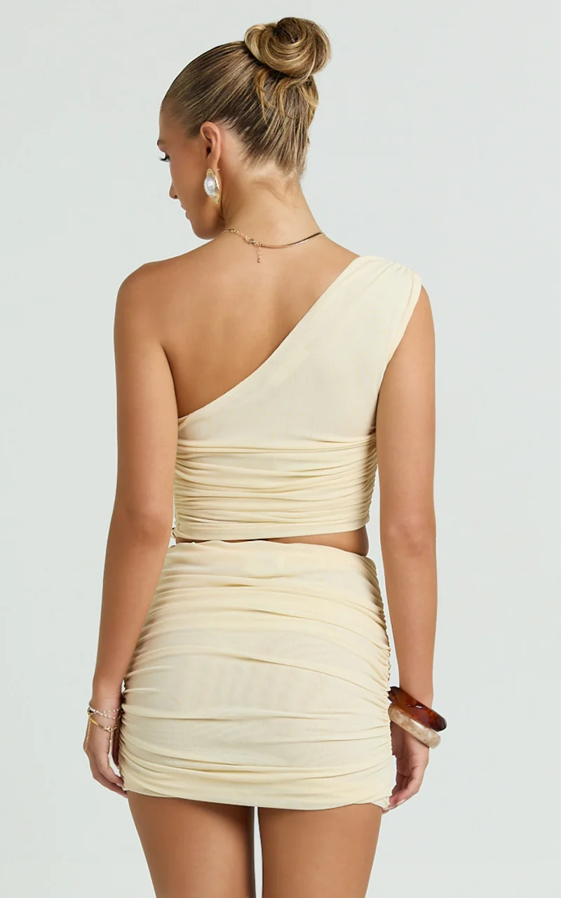 Sakura Two Piece Top and Skirt Set - One Shoulder Ruched Top And Fitted Jersey Mini Skirt in Ivory