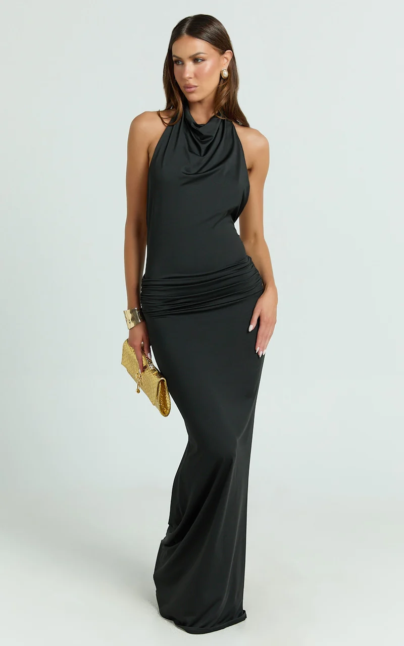 Lizzy Maxi Dress - Backless Ruched Bodycon Dress in Black
