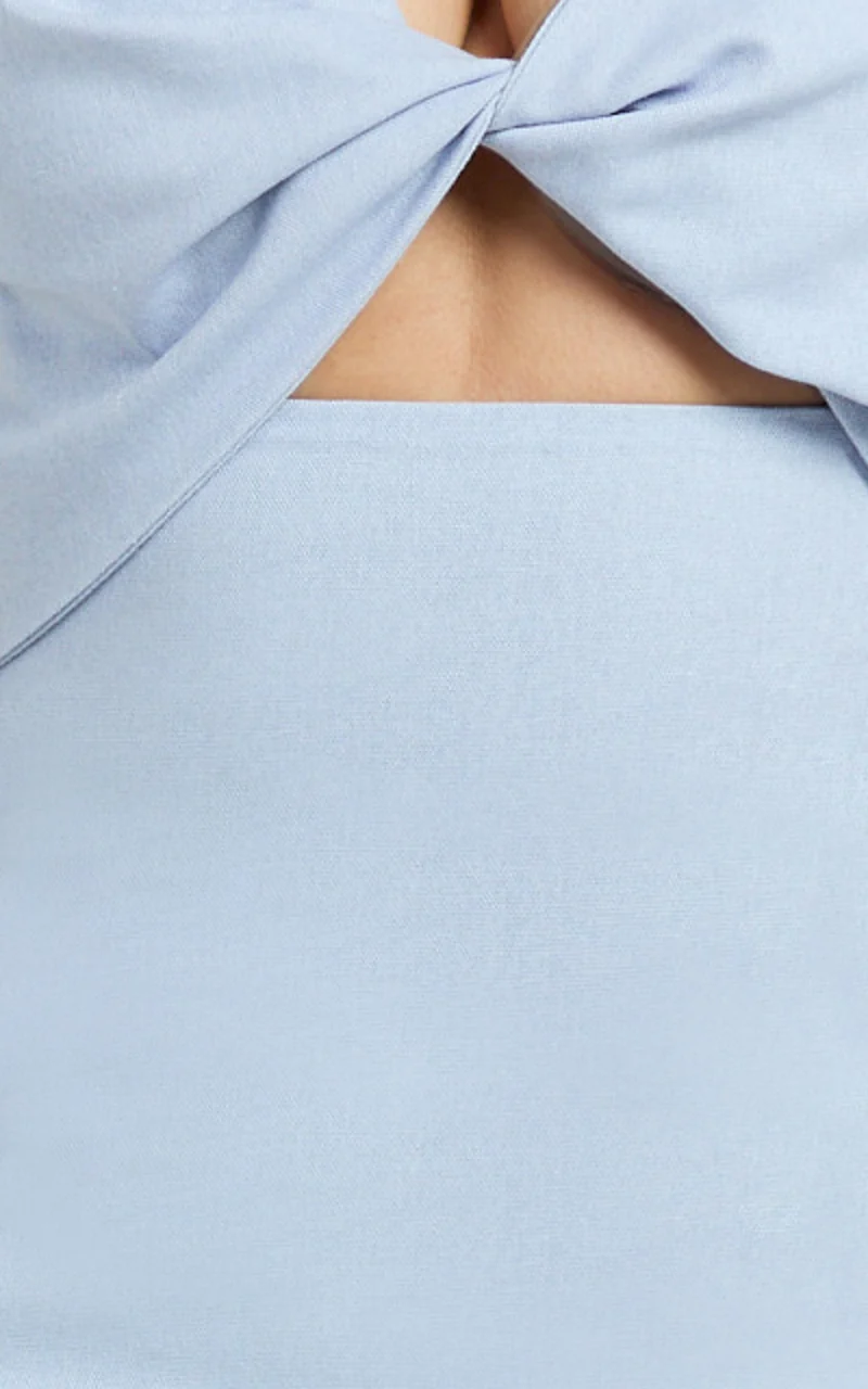 Finnley Mini Dress - Linen Twist Front Cut Out Dress in Baby Blue