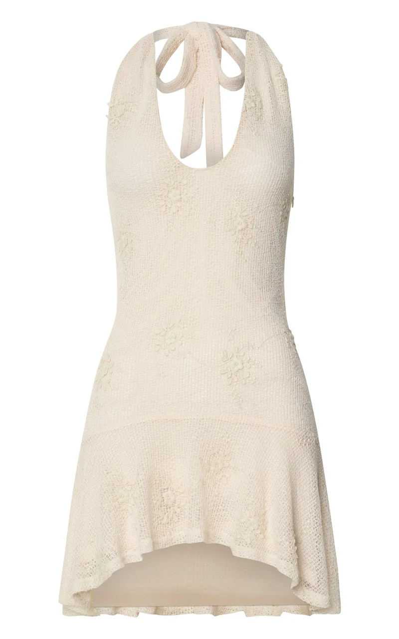 Estella Mini Dress - Scooped V Halter Drop Waist Frill Hem Skirt in Ivory