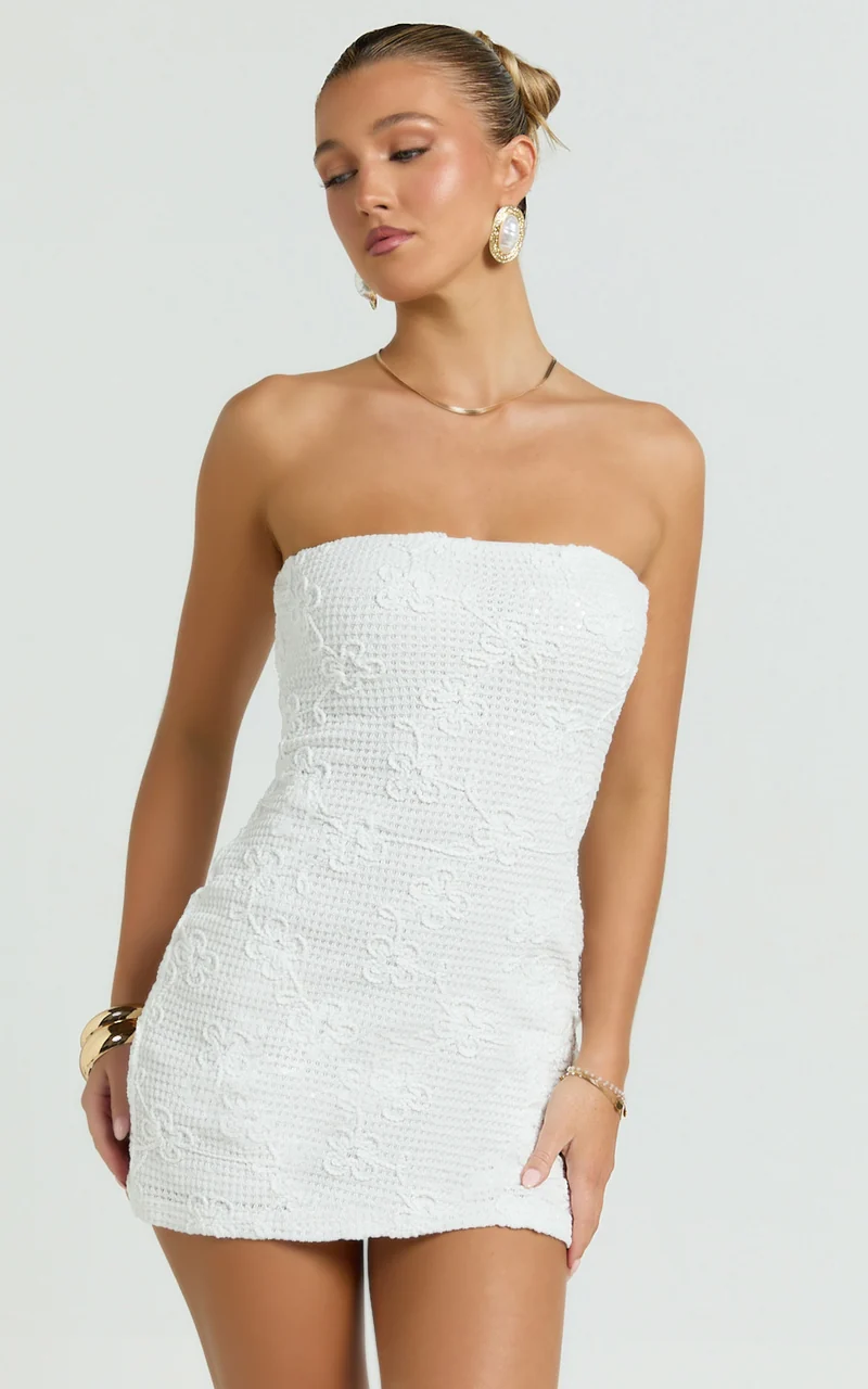 Inka Mini Dress - Strapless Fitted Jersey Dress in White