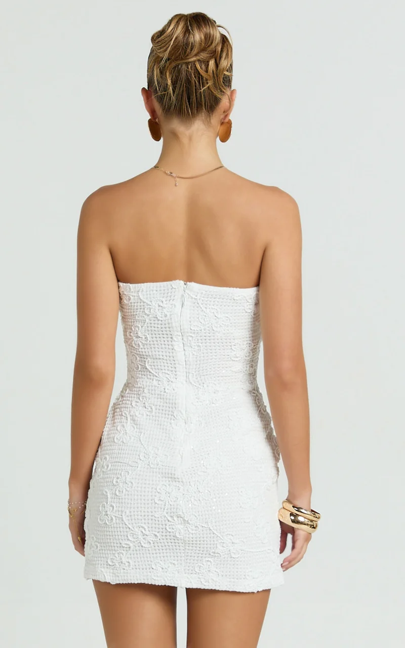 Inka Mini Dress - Strapless Fitted Jersey Dress in White