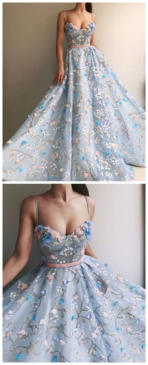 Princesse bleu voir à travers les bretelles spaghetti florales une ligne robe de bal robe formelle
