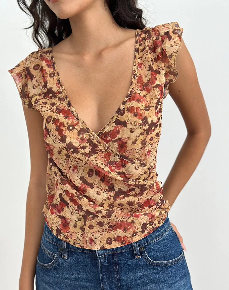 Heidi Wrap Top in Chiffon Rusty Flower