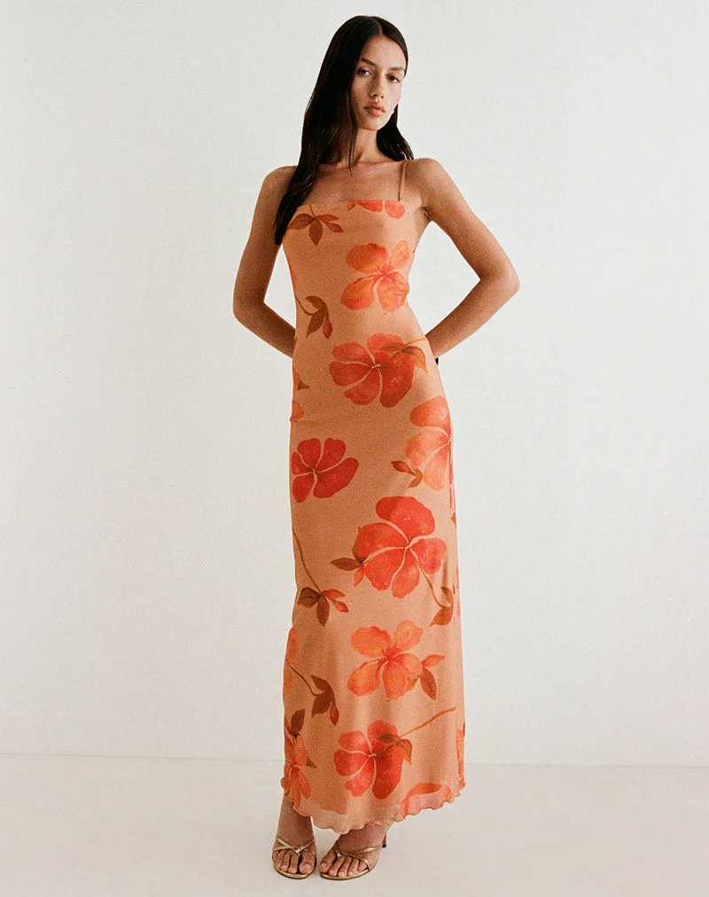 Robe longue Dalesio, aquarelle Hibiscus Orange