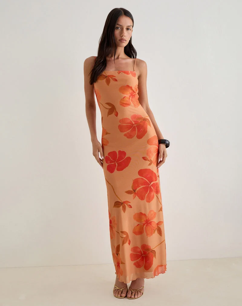 Robe longue Dalesio, aquarelle Hibiscus Orange