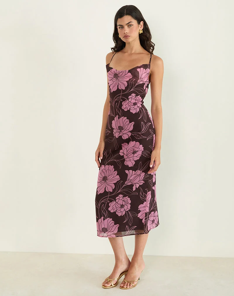 Rujira Cowl Midi Dress in Flare Floral Pink Brown