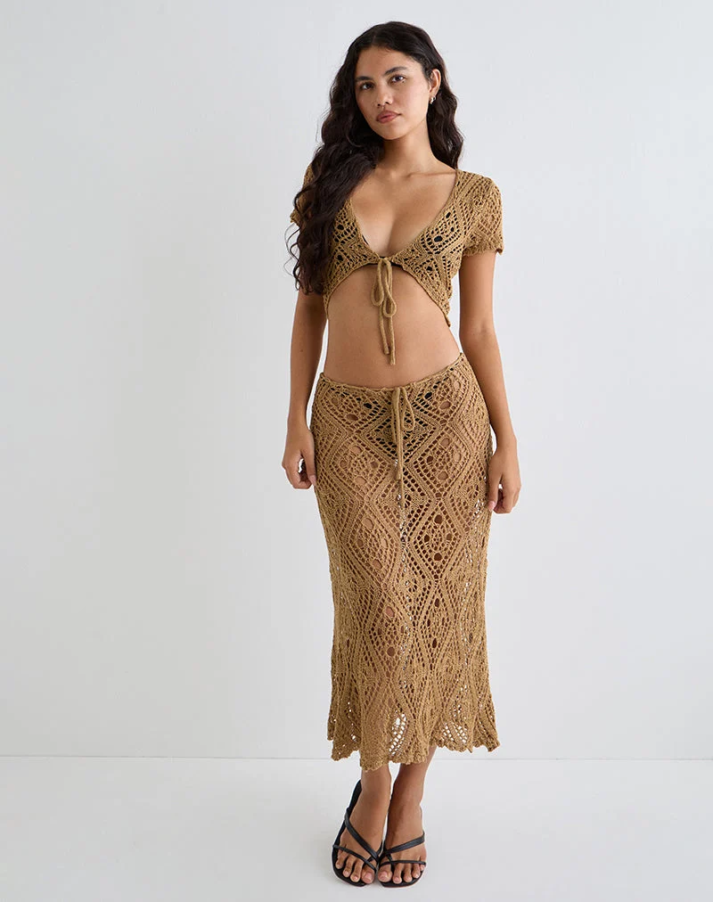 Diora Tie Front Skirt in Crochet Camel