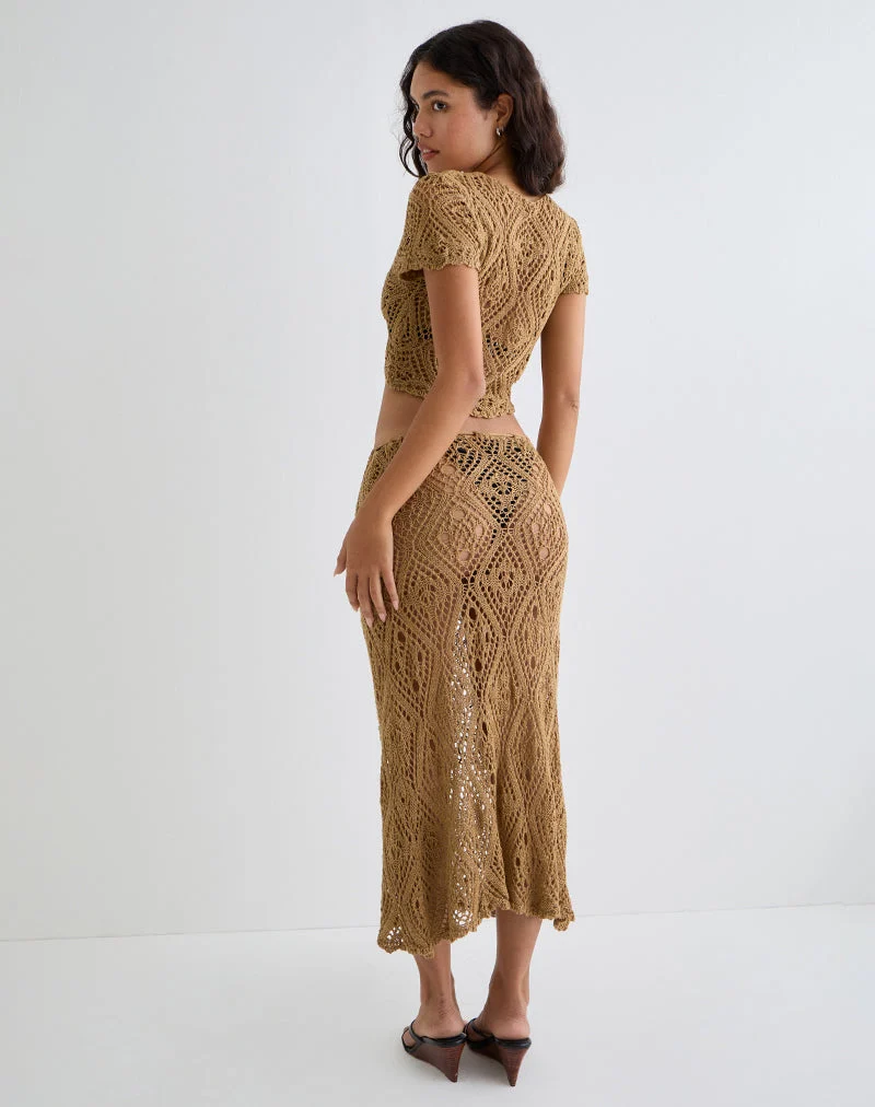 Diora Tie Front Skirt in Crochet Camel