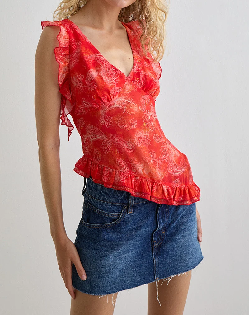 Iravela Asym Top in Paisley Chiffon Red