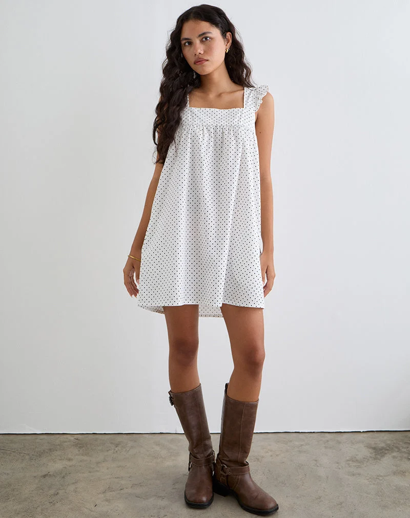 Sanaly Mini Dress in White with Black Micro Polka
