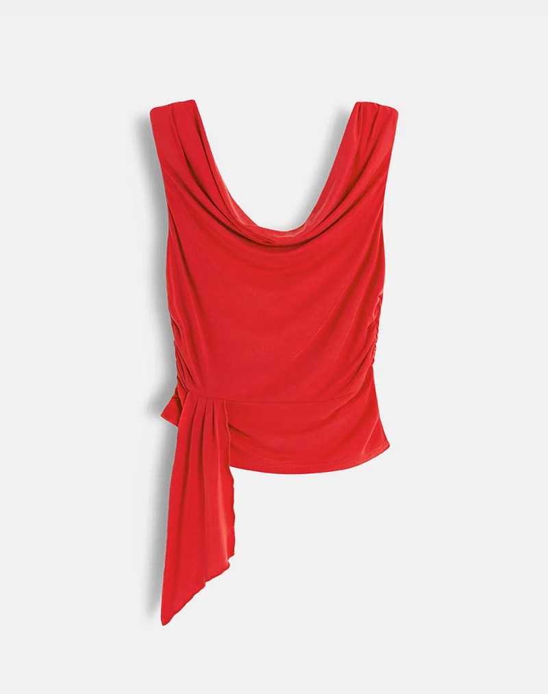 Top drapé Neida en cupro rouge