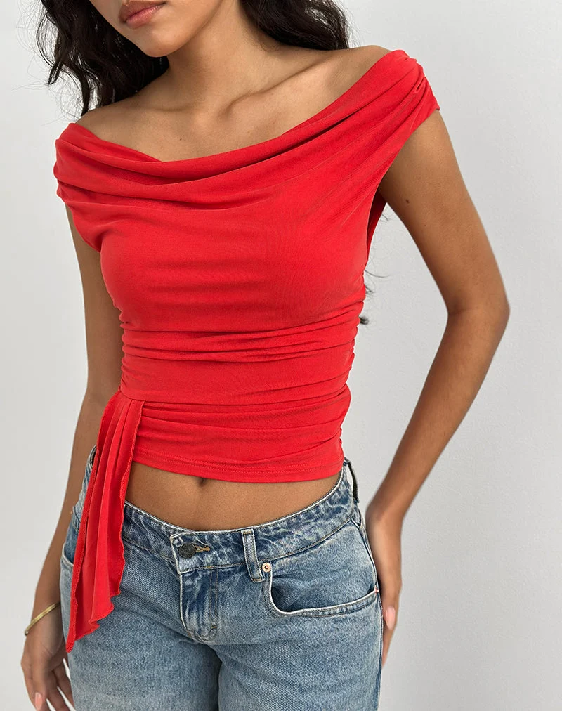Top drapé Neida en cupro rouge