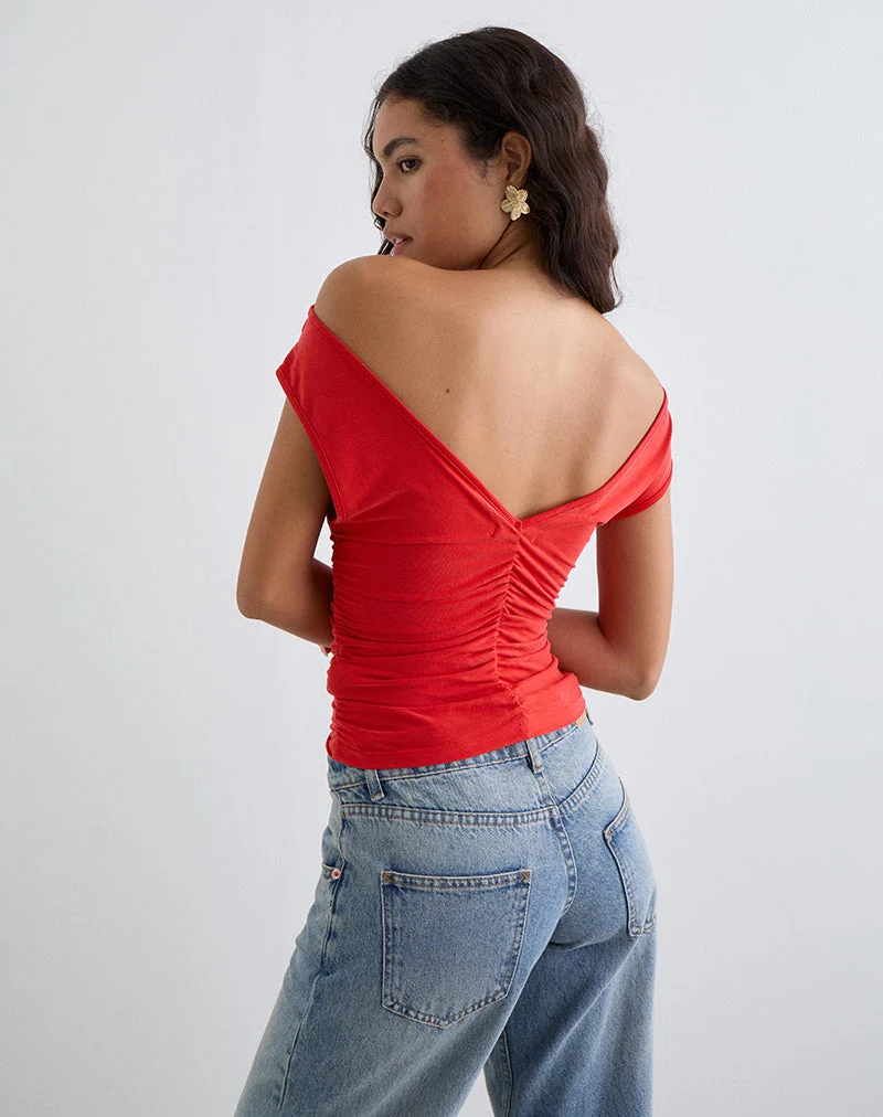 Top drapé Neida en cupro rouge