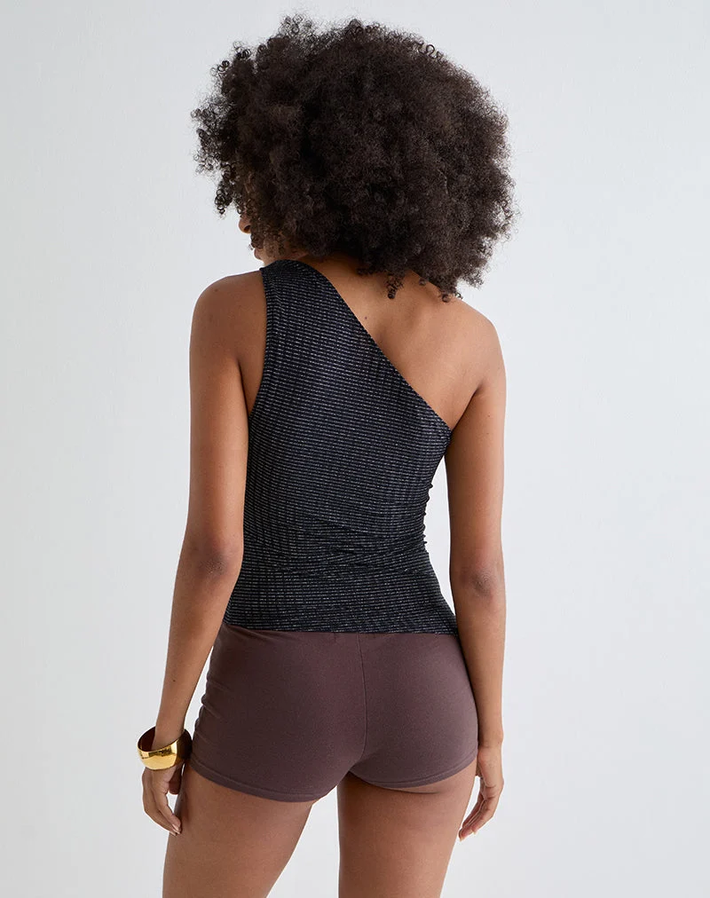Idari One Shoulder Top in Metalic Stripe Jersey Black (Top asymétrique en jersey à rayures métalliques)