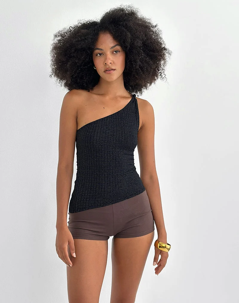 Idari One Shoulder Top in Metalic Stripe Jersey Black (Top asymétrique en jersey à rayures métalliques)