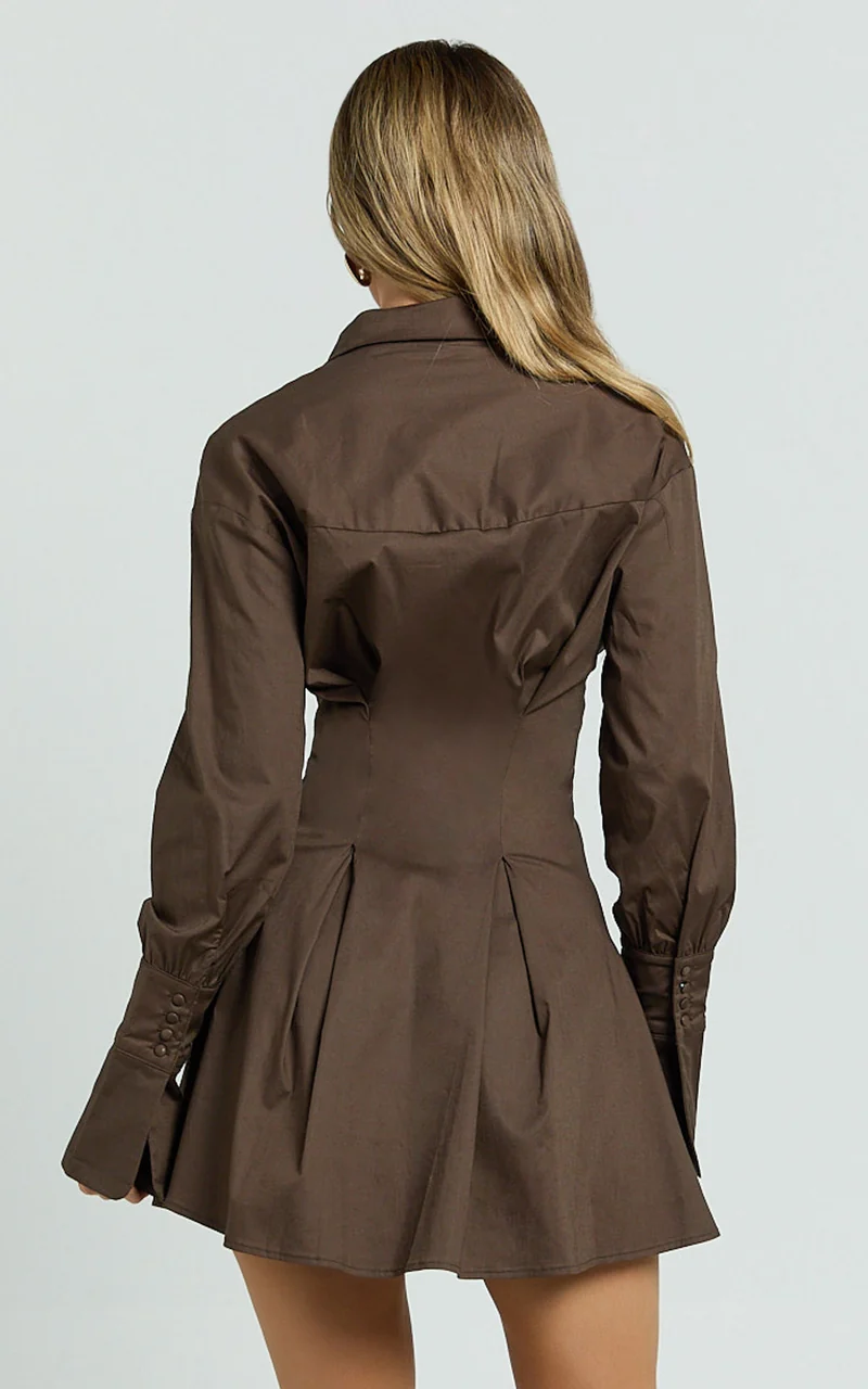 Yasmina Mini Dress - Button Front Long Sleeve Fit And Flare Dress in Dark Chocolate
