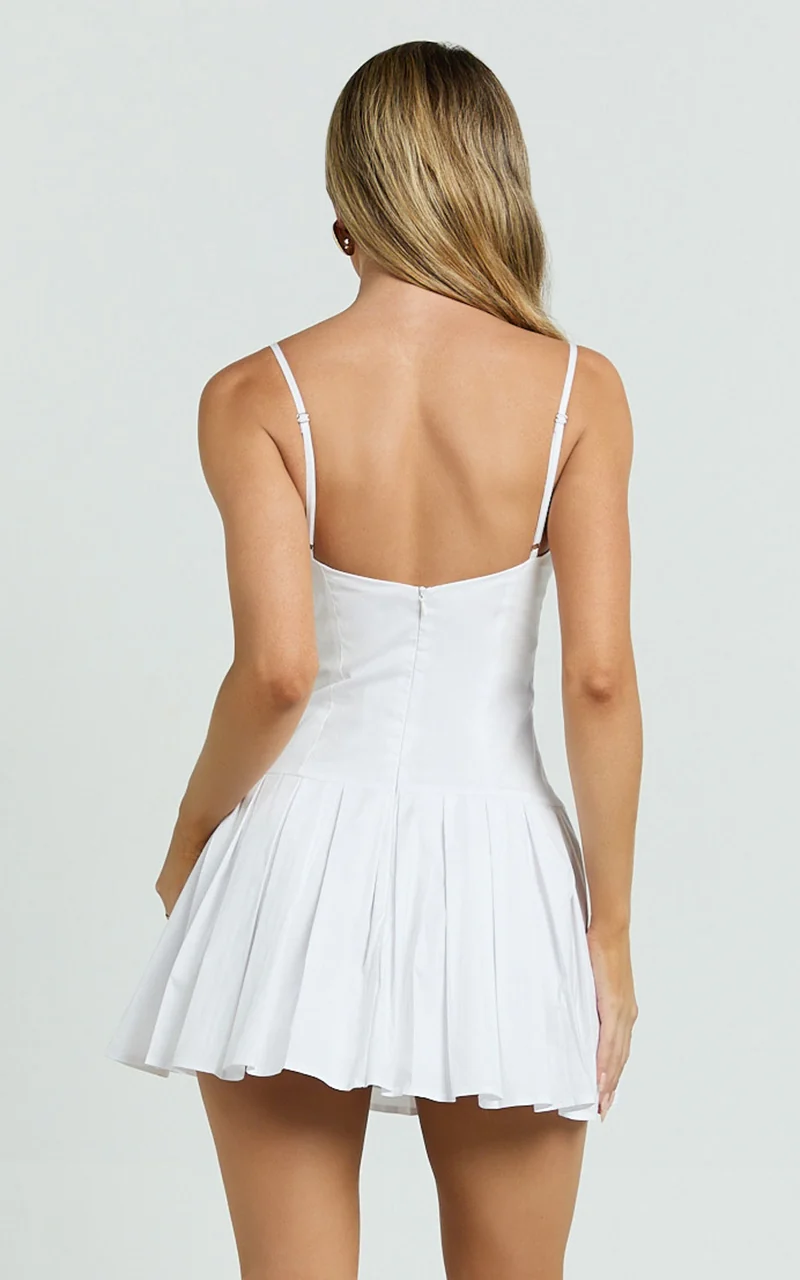 Stefanie Mini Dress - Scoop Neck Drop Waist Pleated Dress in White