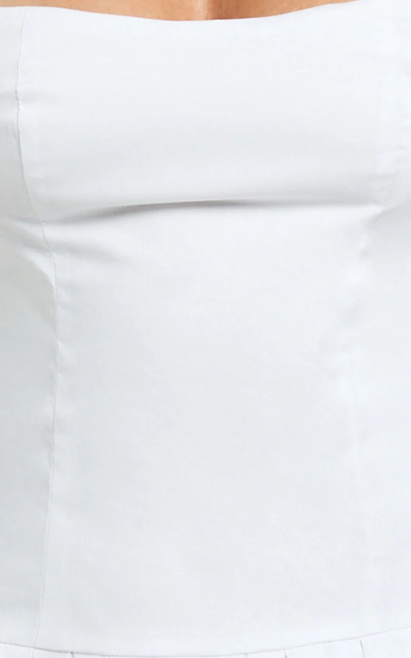 Stefanie Mini Dress - Scoop Neck Drop Waist Pleated Dress in White