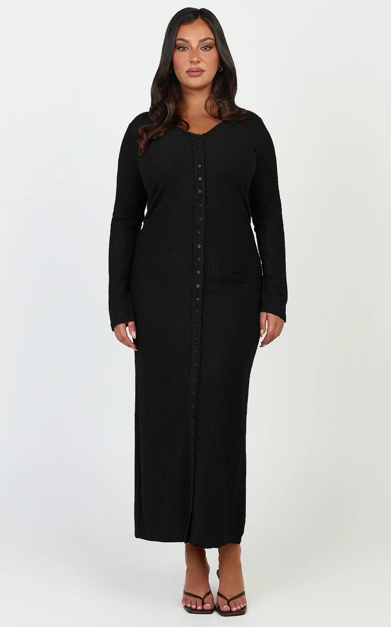 Zayla Midi Dress - Long Sleeve Button Front Bodycon Dress in Black