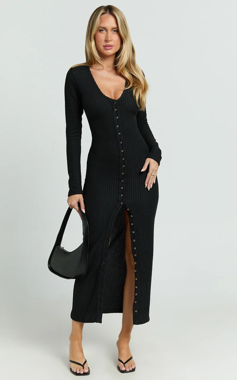 Zayla Midi Dress - Long Sleeve Button Front Bodycon Dress in Black