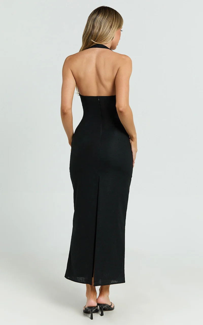 Lyla Midi Dress - Tie Front Plunge Halter Linen Blend Dress in Black