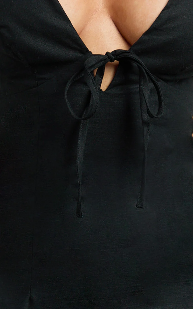 Lyla Midi Dress - Tie Front Plunge Halter Linen Blend Dress in Black