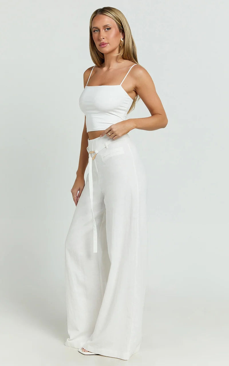 Kyra Pants - Linen Look Belted Wide Leg Pants in White