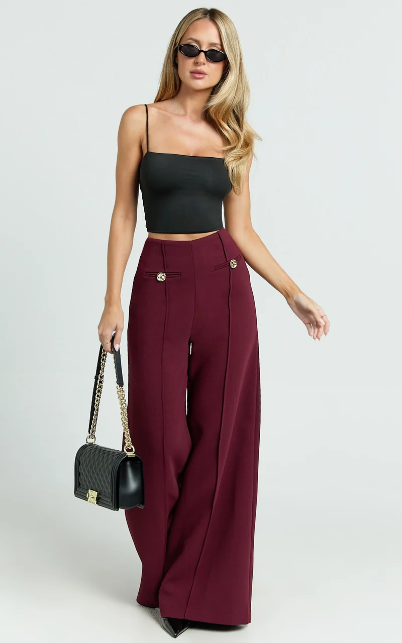 Clara Pants - High Waisted Wide Leg Pants in Wine