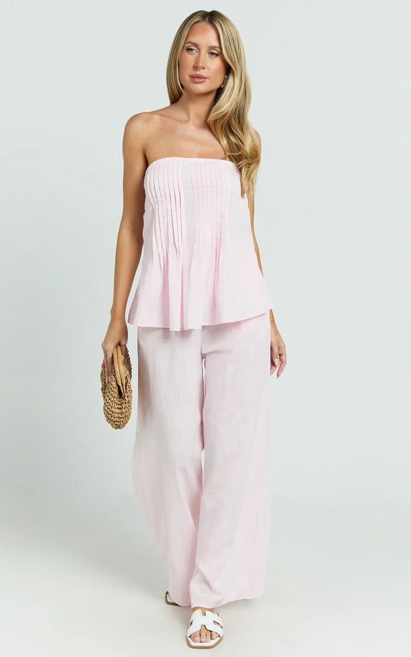 Carli Two Piece Top and Pants Set - Cotton Tube Pant Set in Pink