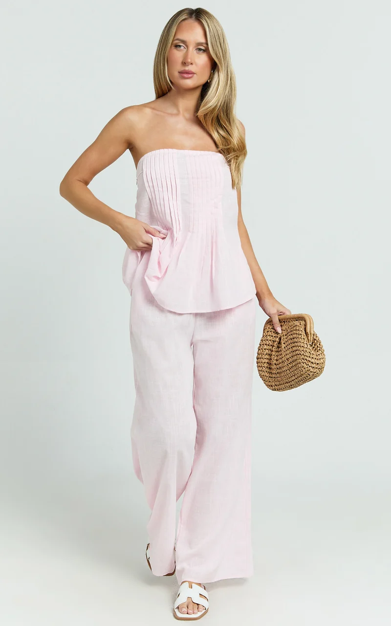 Carli Two Piece Top and Pants Set - Cotton Tube Pant Set in Pink