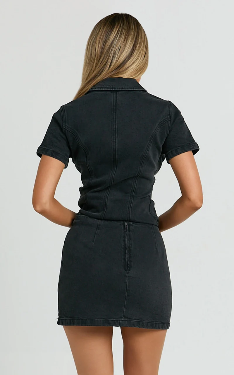 Paige Mini Skirt - High Waisted Denim Skirt in Washed Black