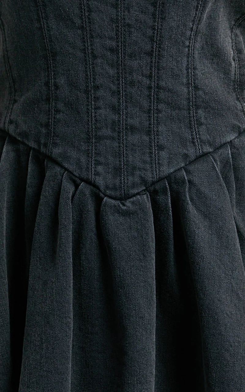 Hayes Mini Dress - Halter Neck Corset Bodice Dress in Washed Black