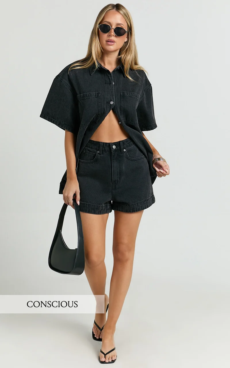 Rhianna Shorts - Mid Waist Recycled Denim Shorts in Washed Black