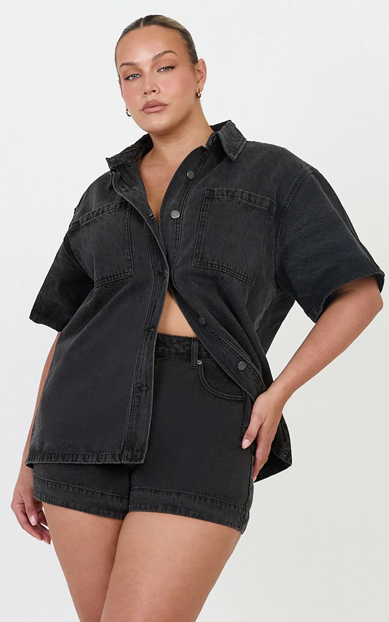 Rhianna Shorts - Mid Waist Recycled Denim Shorts in Washed Black