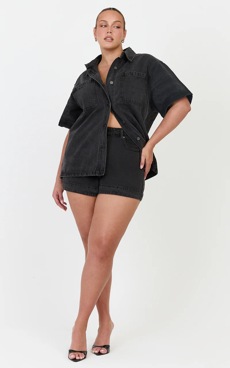 Rhianna Shorts - Mid Waist Recycled Denim Shorts in Washed Black