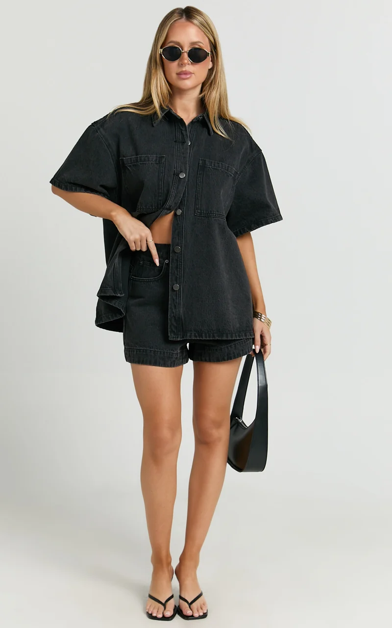 Rhianna Shorts - Mid Waist Recycled Denim Shorts in Washed Black