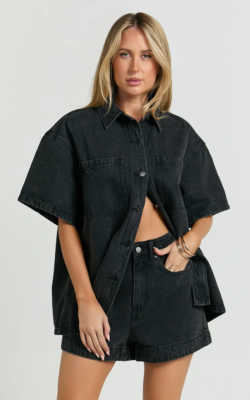 Rhianna Shorts - Mid Waist Recycled Denim Shorts in Washed Black