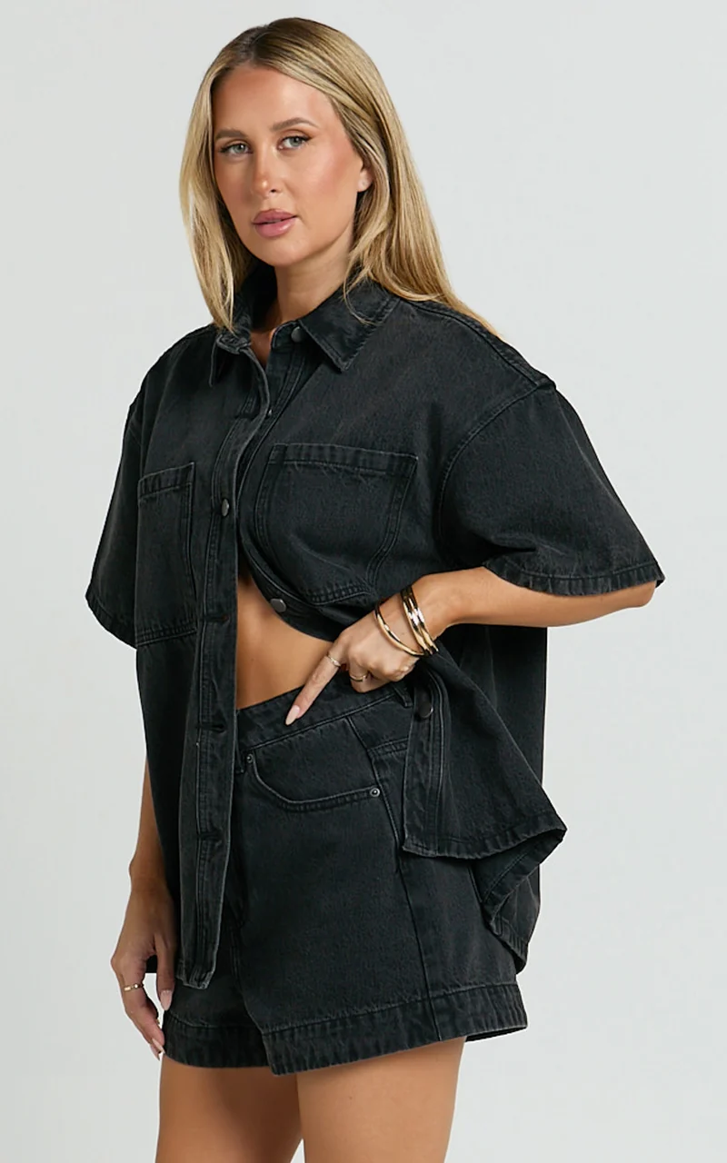 Rhianna Shorts - Mid Waist Recycled Denim Shorts in Washed Black